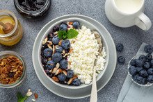 Healthy Breakfast. Cottage Cheese With Fresh Berry, Nuts And Honey