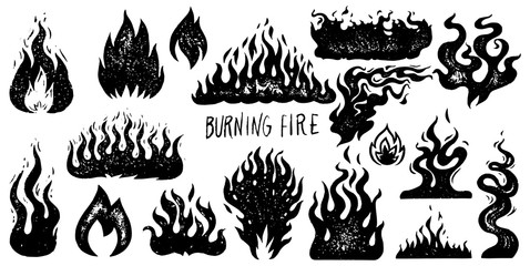 set of flame and fire in vintage style. hand drawn engraved monochrome bonfire sketch. vector illust