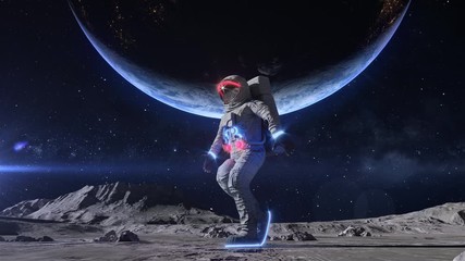 funny dancing astronaut with neon light spacesuit on the moon. moonwalk on the moon under the earth 