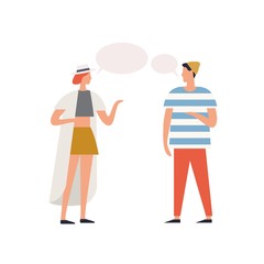 Poster - Trendy couple communication with speech bubbles vector flat illustration. Cartoon man and woman discussing isolated on white background. Two stylish people character conversation together