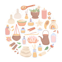 Vector Illustration Ayurveda. Big Set Of Ayurvedic Massage Symbols. Hand Drawn Flat Objects In The Circle Composition. Card, Banner, Poster, Flier Design For SPA Salons And Shirodhara Treatment.
