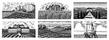 Vineyards Set. Vine Plantation For Bottle Labels. Scenic View Of French Or Italian Engraved Landscape. Mountains Rural Fields Wheat Hills. Hand Drawn Vintage Sketch For Alcohol, Whiskey Beer Poster.