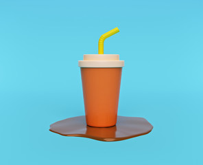 Poster - cartoon style Spilled coffee from a paper cup and straw isolated on pastel background. minimal concept. 3d rendering
