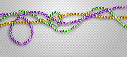 Vector illustration of Mardi Gras beads in traditional colors. Decorative glossy realistic elements for design Mardi Gras. Beads Isolated on transparent background.