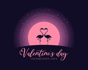 Valentine Day celebration love banner with Couple Flamingo on pink full moon night vector design