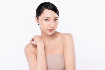 Portrait beautiful young asian woman clean fresh bare skin concept. Asian girl beauty face skincare and health wellness, Facial treatment, Perfect skin, Natural makeup, on white background,two