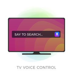 Poster - Smart Tv with voice remote control, flat vector icon. Voice assistance system concept, speech recognition. Black tv with color background and search bar on screen with microphone icon