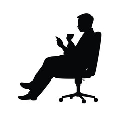 Business man sits on chair with coffee cup silhouette vector