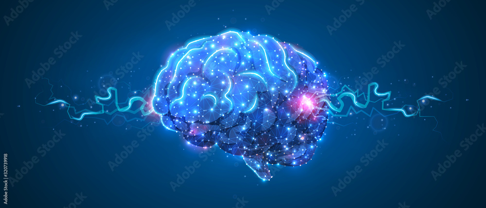 Human Brine. Organ anatomy, neurology, healthy body concept. Polygonal image on blue neon background. Low poly, wireframe digital 3d Raster illustration. Abstract art - obrazy, fototapety, plakaty 