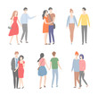 © robu_s - Couples on date vector, isolated set of characters in flat style. Man and woman holding hands walking and talking. Front and back view of boyfriends and girlfriends on weekends. Romantic pairs