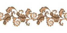 Watercolor Seamless Border Pink And Gold Leaves With Curls Of A Fantasy Plant