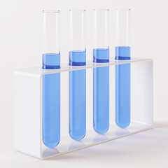 Transparent glass laboratory tube. Test tube filled with liquid on a white background. 3D rendering.