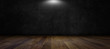 © chiew - Interior room with old concrete or plaster wall, wooden plank floor, used as studio background wall to display your products..