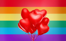Party, Valentines Day And Lgbt Concept - Red Helium Heart Shaped Balloons Over Rainbow Flag Background