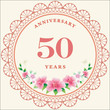 50th years anniversary, birthday card. Vector design background with decorative floral circle for celebration, invitation