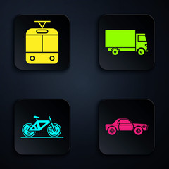 Sticker - Set Sedan car, Tram and railway, Bicycle and Delivery cargo truck vehicle. Black square button. Vector