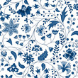 Chintz seamless pattern. Blue floral background. Indian Fabric with blue flowers