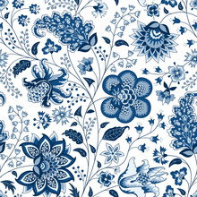 Chintz Seamless Pattern. Blue Floral Background. Indian Fabric With Blue Flowers