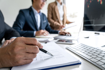Poster - Business team investment working with computer, planning and analyzing graph stock market trading with stock chart data, business financial investment and technology concept