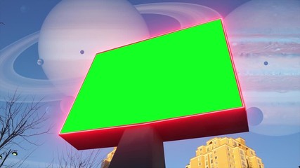 Wall Mural - Green screen billboard and urban city and sky with big planets Jupiter, Saturn and Uranus. Fantastic video for advertisement, empty chroma key frame.