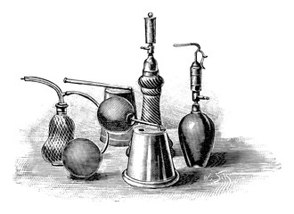 Antique vintage line art illustration, engraving or drawing of perfume or water bottles with sprayer . From book Plants in Room, Prague, 1898.