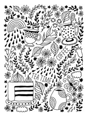 Wall Mural - Flowers and leafs vector illustration, with tea and coffee cups, branches, rainbow, clouds, floral background, baby cartoon doodle pattern, floral collection