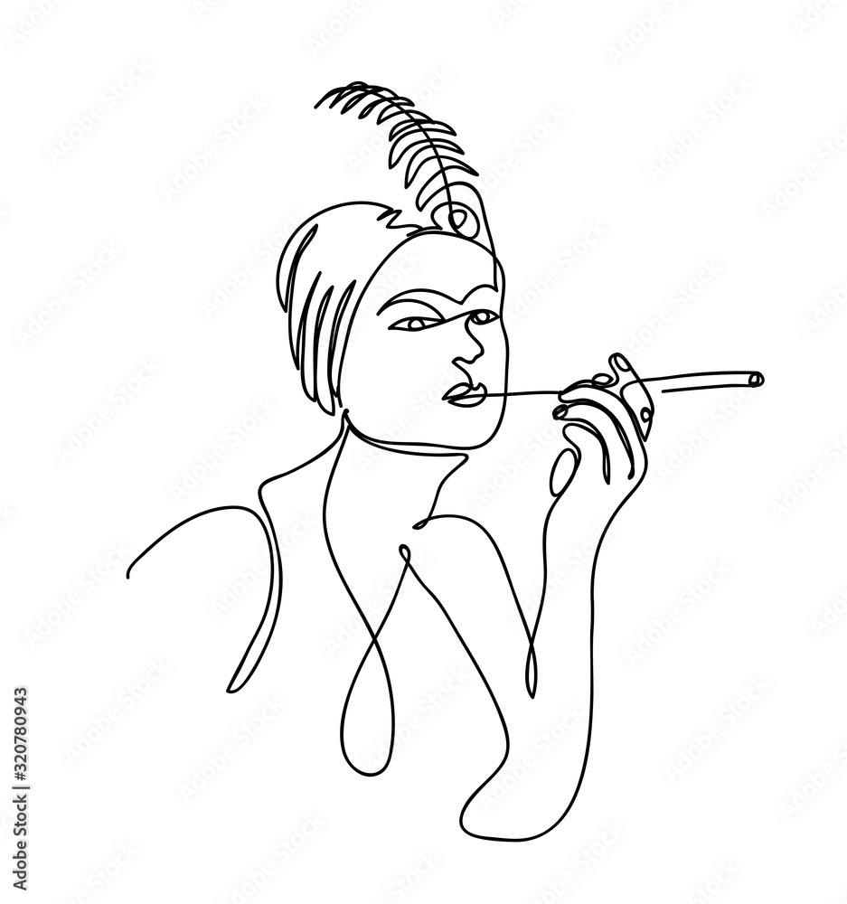 Image vectorielle Stock Flapper girl from 20s black and white vector  illustration. The woman with cigarette holder and feather on her head. One  continuous line drawing of flapper girl portrait