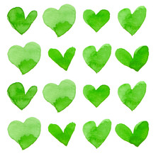Watercolor Illustration Of Green Hearts For Valentine's Day Card Set