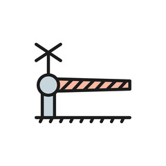 Sticker - Railroad crossing with barrier, security gate flat color line icon.