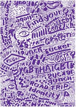 Typographic graffiti style art print, calligraphic expressive art poster, card, mural, decor. Hand lettering, doodles, pop type pattern buzzwords, illustrative elements eye, lips, stars in indigo blue