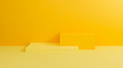 Fototapete - 3d yellow podium. Abstract pastel on wall background with geometric shape. Bright yellow cubes for promotion. 3d render design for display product and presentation on website. Creative idea minimal.