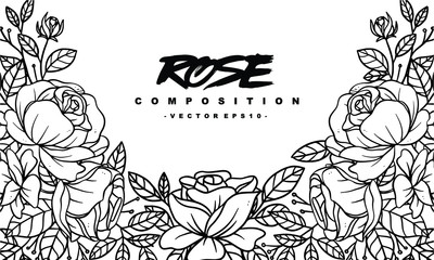 Poster - rose composition Arrangement for wedding invitation design, plants and flowers for elegant lettering frame, hand drawn vector illustration for romantic and vintage design