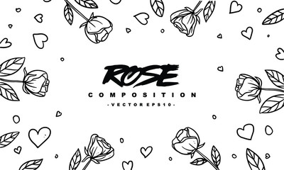 Wall Mural - rose composition Arrangement for wedding invitation design, plants and flowers for elegant lettering frame, hand drawn vector illustration for romantic and vintage design