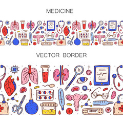 Medicine equipment, human organs, pills and blood elements cartoon doodle hand drawn vector seamless border, pattern, texture, background. Colorful cute design. Isolated on white background. 