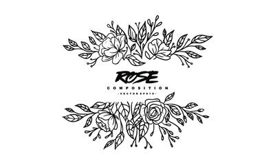 Poster - rose composition Arrangement for wedding invitation design, plants and flowers for elegant lettering frame, hand drawn vector illustration for romantic and vintage design