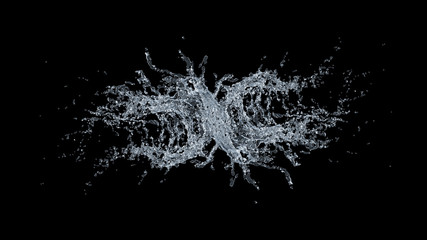 Water splash slow motion on black background. 3D illustration design.