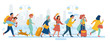 People at the train station. Vector illustration