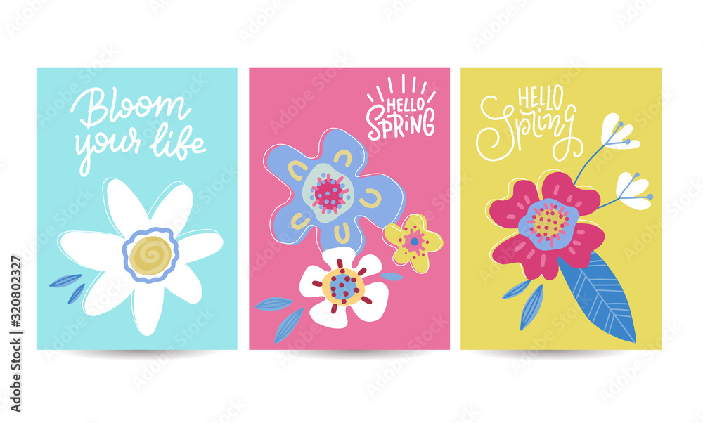 Hello spring seasonal banners set. Artistic drawing posters collection with abstract flowers and plants. Floral decorated line art banners selection. Flat hand drawn vector illustration - obrazy, fototapety, plakaty 