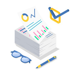 Poster - Business analytics isometric color vector illustration. Accounting and audit. Data analysis and statistics. Strategic management. Paperwork, report. Corporate strategy. 3d concept isolated on white