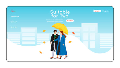 Poster - Suitable for two umbrella landing page flat color vector template. Walking couple in coats homepage layout. Wet day one page website interface with cartoon character. Rainy weather web banner, webpage