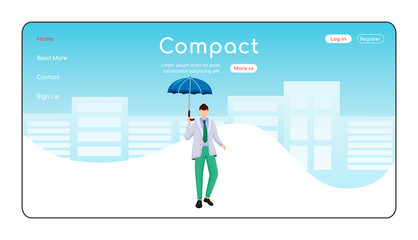Poster - Compact umbrella landing page flat color vector template. Man in jacket homepage layout. Wet day one page website interface, cartoon character. Fashionable male web banner, webpage