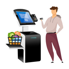 Poster - Man with store terminal flat color vector faceless character. Contactless payment machine isolated cartoon illustration on white background. Supermarket self service kiosk with interactive interface