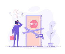 Preoccupied Business Man Is Standing Near The Closed Door And Scratching His Head. Metaphor Of Issues And Questions. Modern Vector Illustration.
