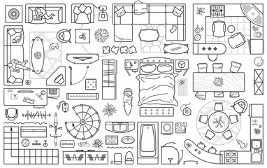 floor plan icons set for design interior and architectural project (view from above). furniture thin