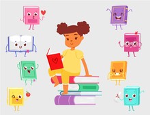 Dark Skinned Girl Sitting On Pile Of Books And Reading Vector Illustration. Cute Kawaii Books With Funny Faces And Girl. Kids Love Read Books Educational Idea For Libraries Or Schools And Preschool.