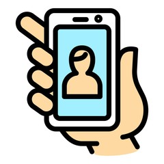 Poster - Smartphone selfie portrait icon. Outline smartphone selfie portrait vector icon for web design isolated on white background