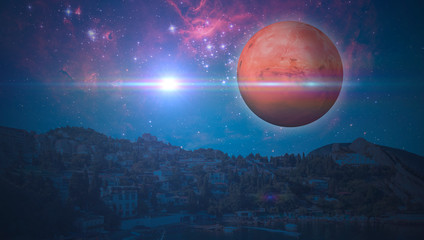 Wall Mural - fantasy sci-fi landscape  on the earth with a huge planet in the sky during night elements of this image furnished by nasa