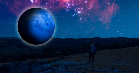 Wall Mural - fantasy sci-fi landscape on the earth with a huge planet in the sky during night elements of this im