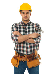 Poster - Handsome carpenter with tool belt isolated on white