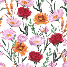 Colorful Hand Drawn Art Brushed Stroke Garden Blooming Flowers Seamless Pattern Vector EPS10 ,Design For Fashion,fabric,web,wallpaper,wrapping,and All Prints